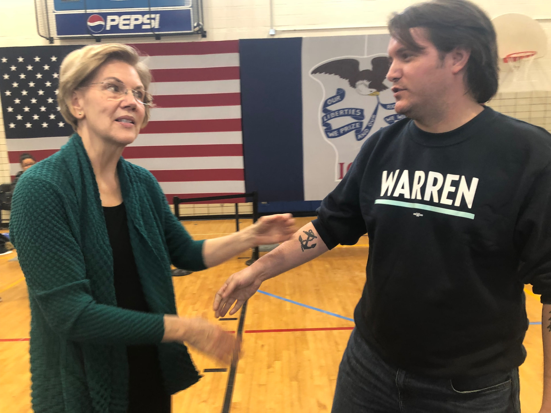 Matt Highland (Otis, Iowa; Iowa HHS) with Senator Elizabeth Warren in Iowa
