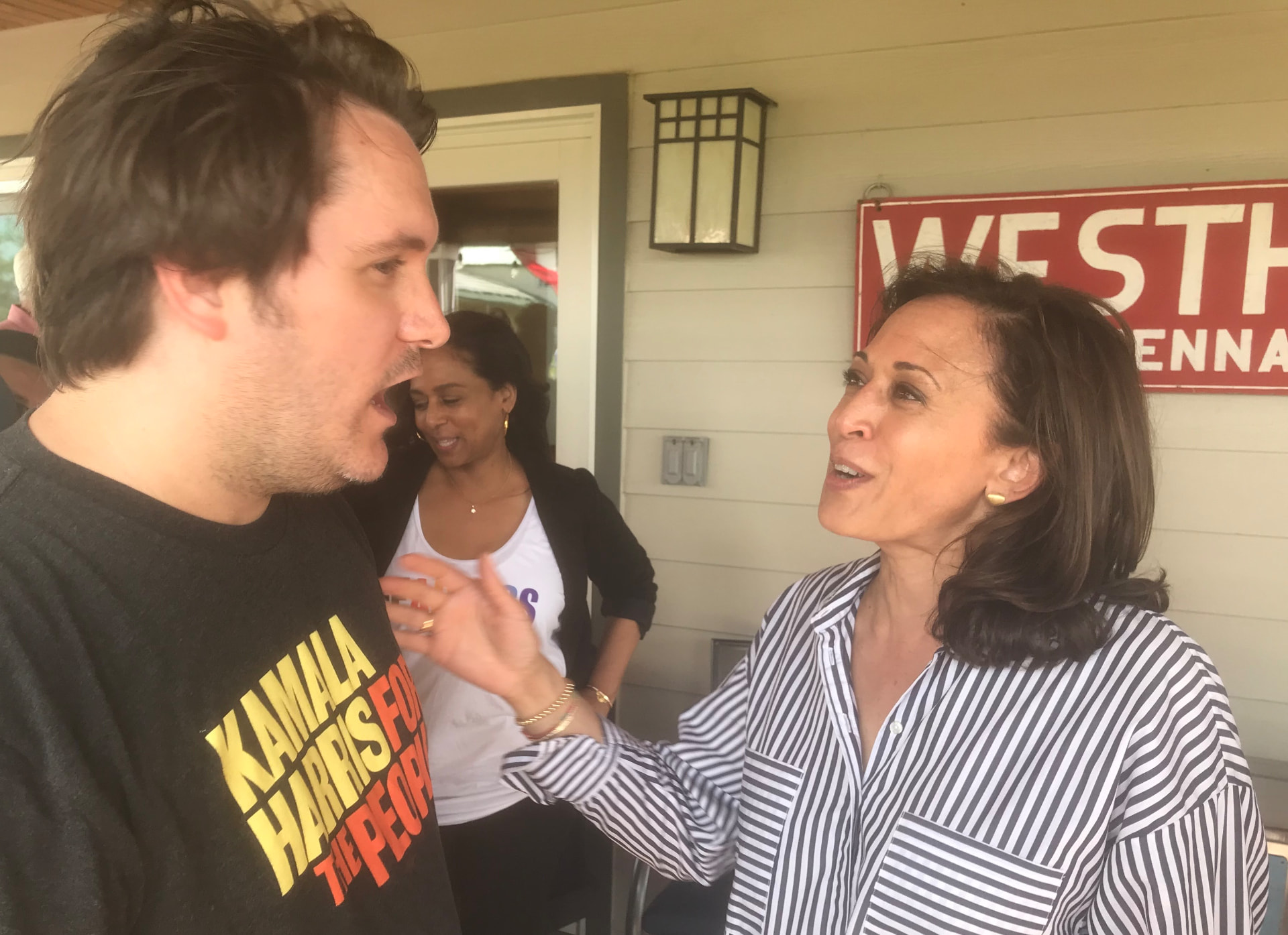 Matt Highland (Otis, Iowa; Iowa HHS) in conversation with Vice President Kamala Harris at a campaign event